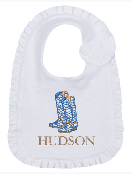 Ruffled Baby Bib: Boots Blues